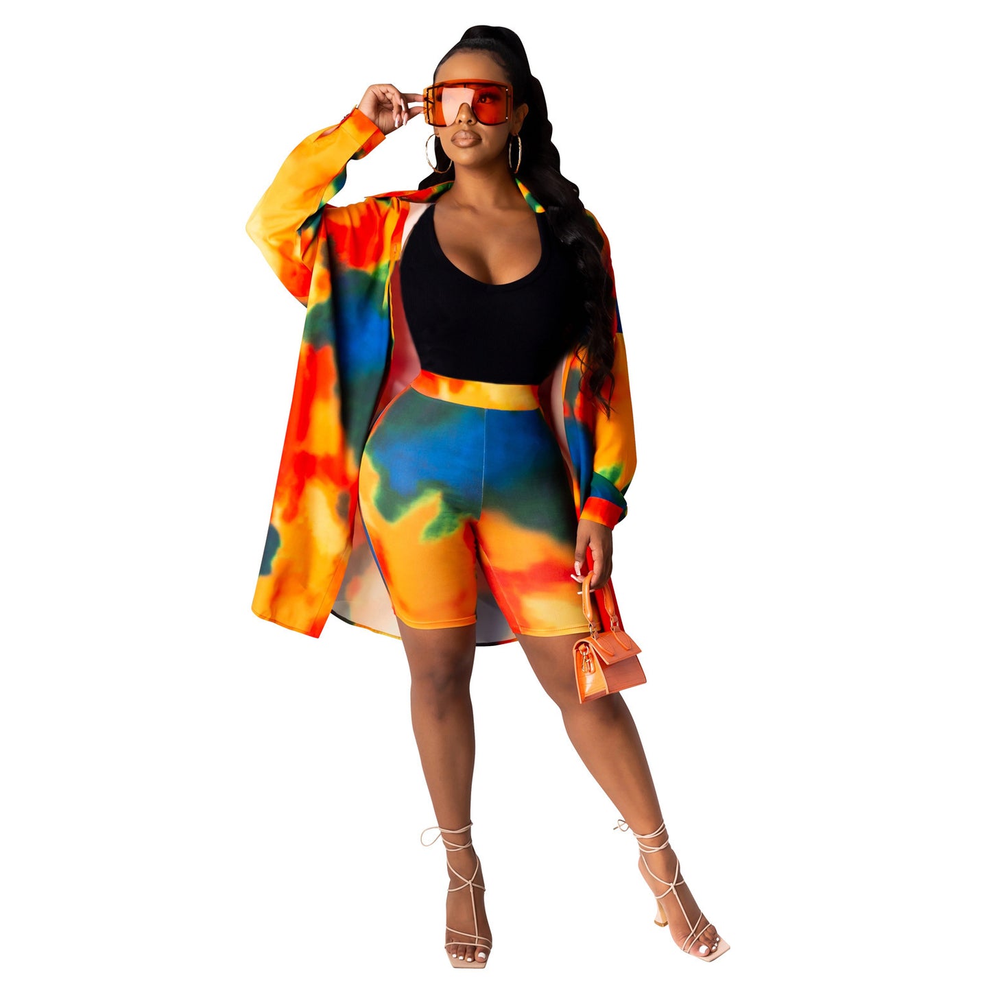 Women's Fashion Casual Contrast Color Pattern Printed Shirt Skirt Shorts Suit