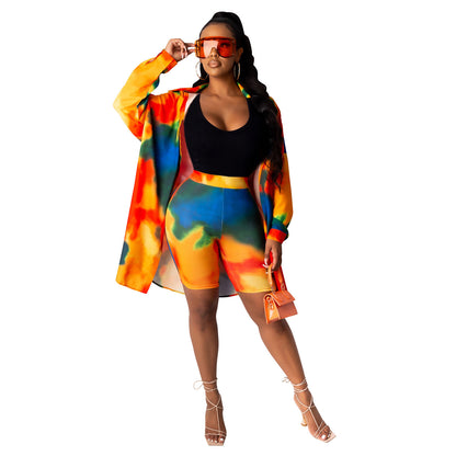 Women's Fashion Casual Contrast Color Pattern Printed Shirt Skirt Shorts Suit
