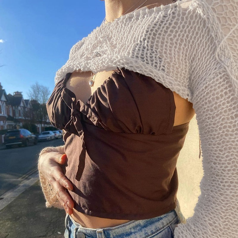 Knitwear Bell Sleeve Loose Round Neck Hollow Out Sweater