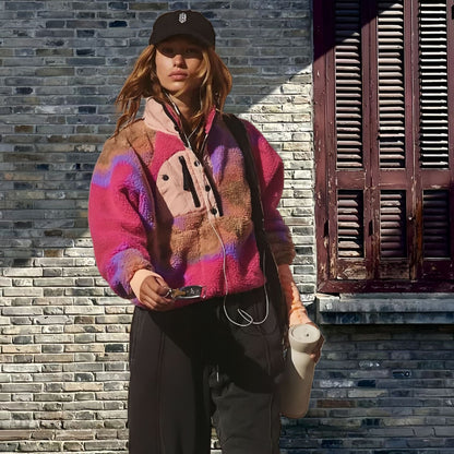 Loose Lapels Stitching Contrast Color Fleece Sweater