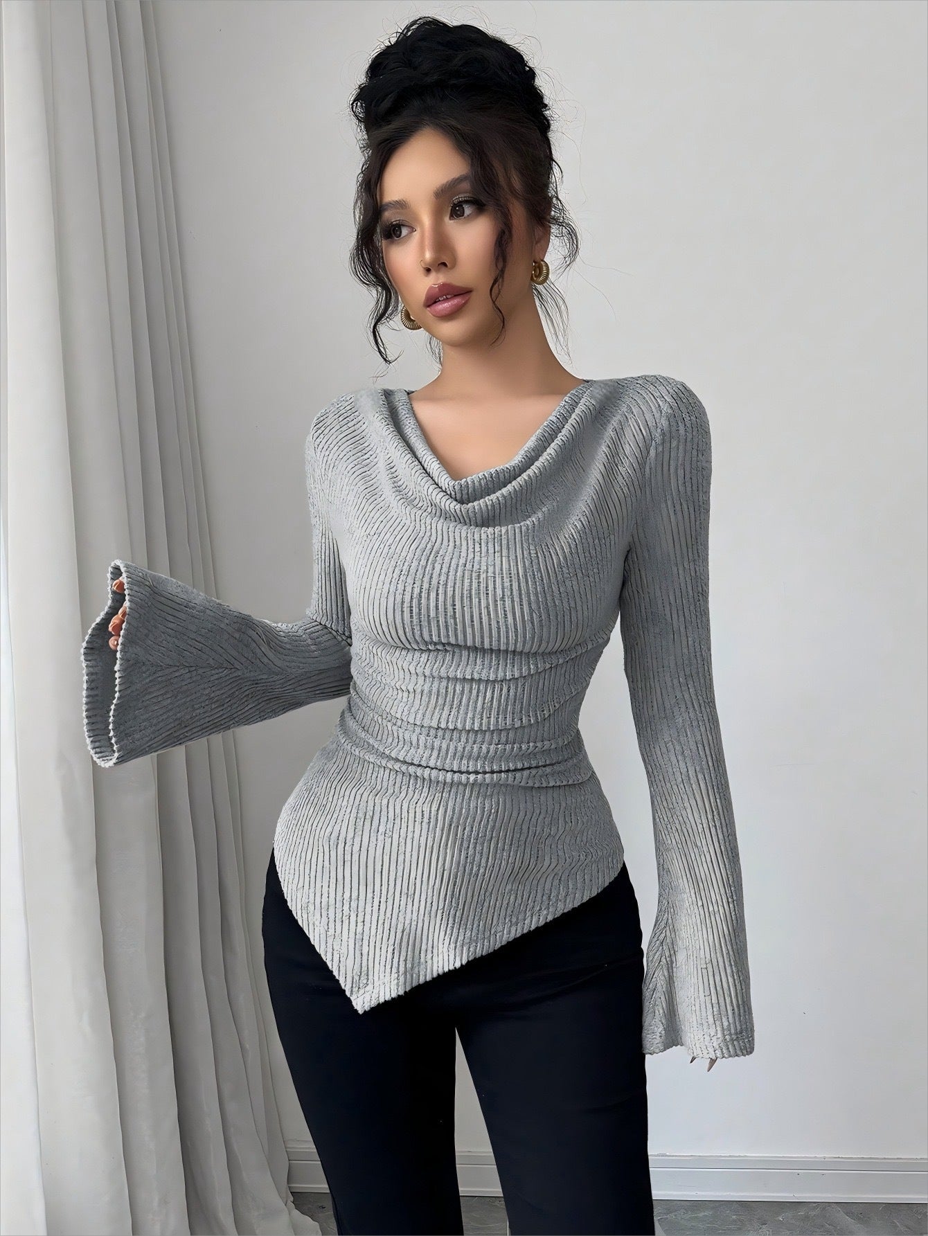 Ribbing Bottoming Sweater Off-the-shoulder Slim Knit Long-sleeved Top