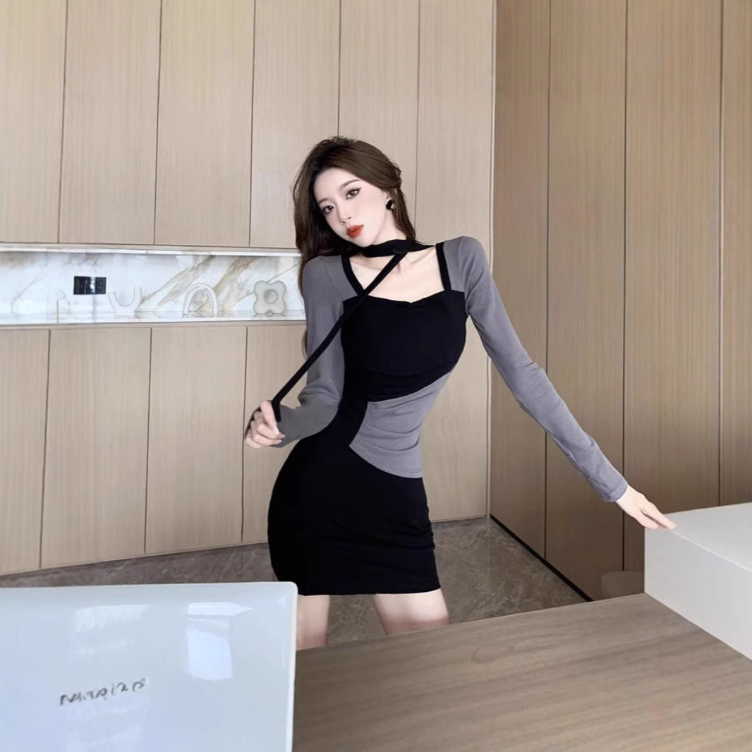 Pure Hot Girl Stitching Contrasting-color Dress Women's Slim Fit
