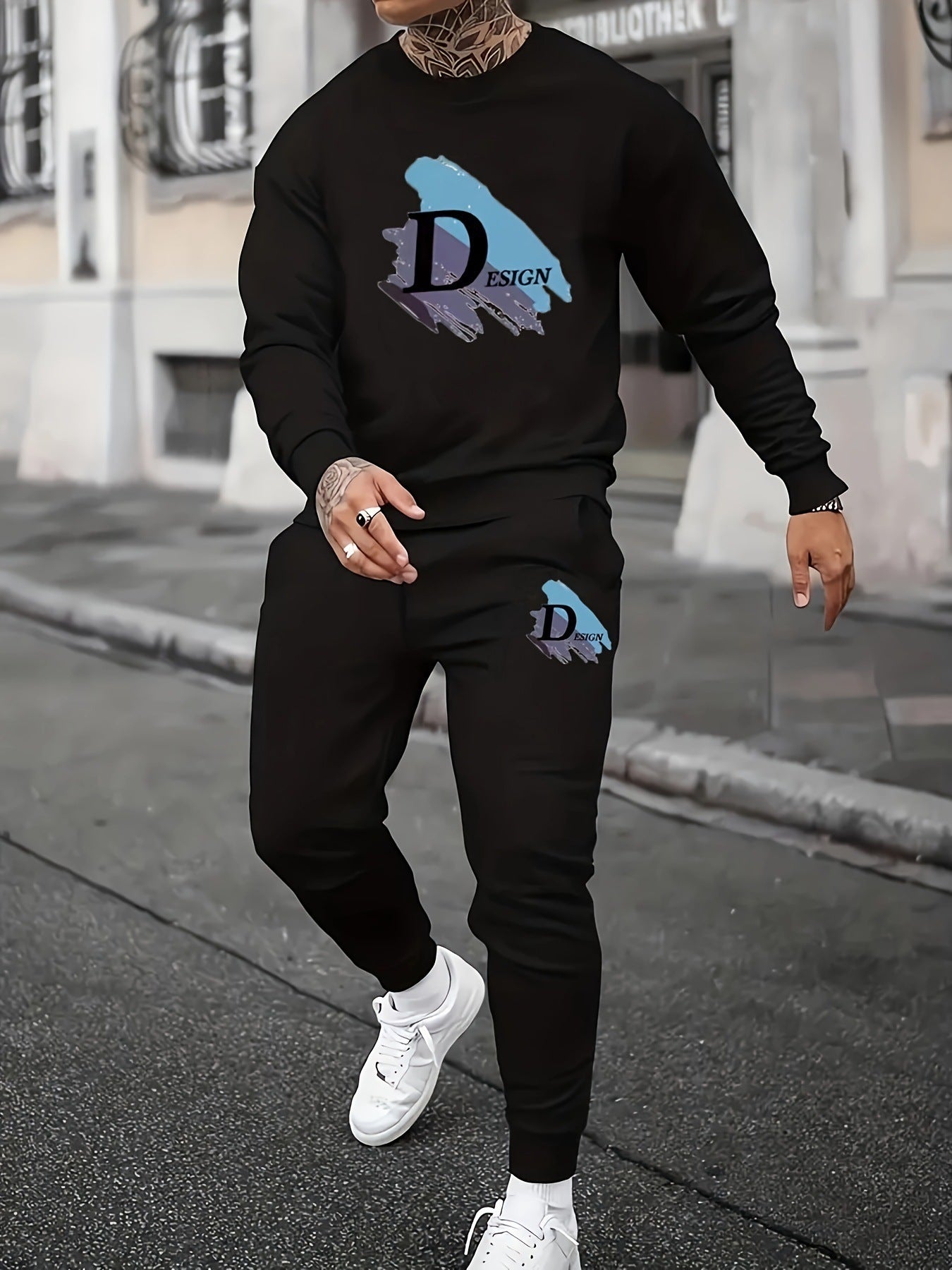 Sports Men's Clothing Casual Retro Digital Printed Round Neck Sweater Suit