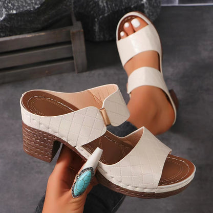 Chunky Heel Sandals Summer Round Toe Plaid Slides Slippers Fashion Outdoor High Heels Shoes For Women