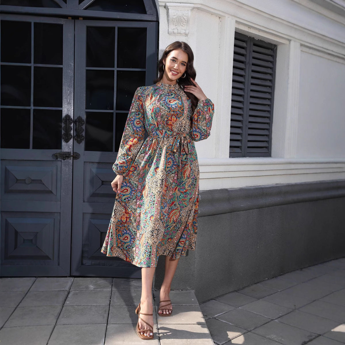 V-neck Smocking Waist-tight Long Printed Dress