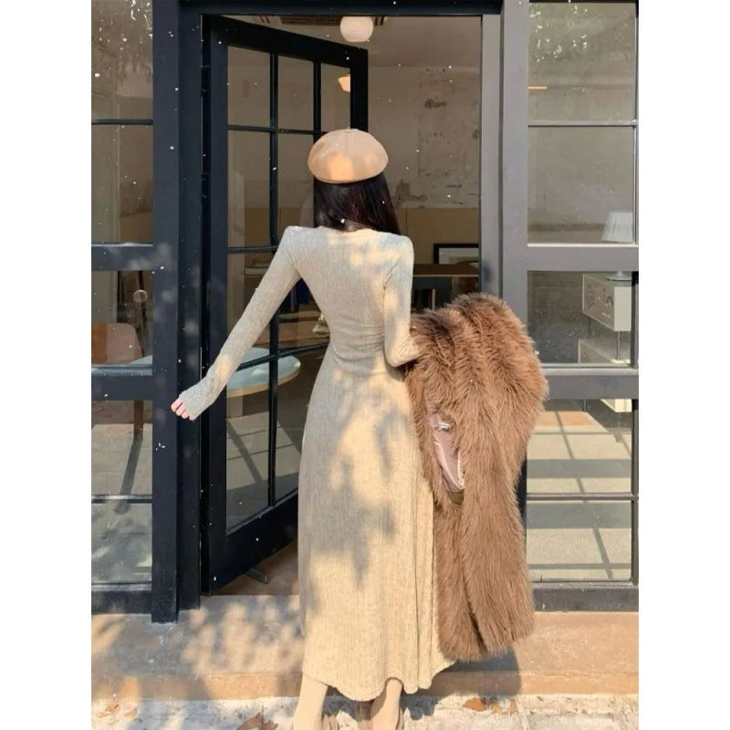 Slim-fit Temperament Pure Color Bottoming Skirt V-neck Knitted French Midi Skirt