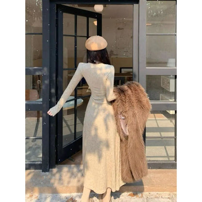 Slim-fit Temperament Pure Color Bottoming Skirt V-neck Knitted French Midi Skirt