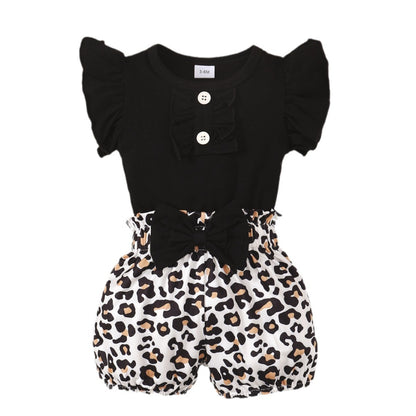 Kids' Rompers Bow Leopard Shorts Suit