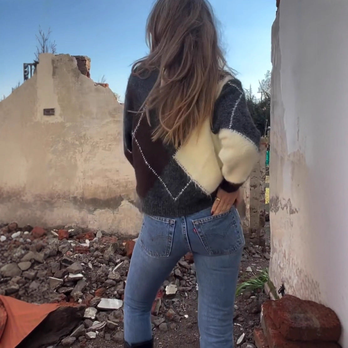 Women's All-match Plaid Printing Color Contrast Casual V-neck Long-sleeved Sweater