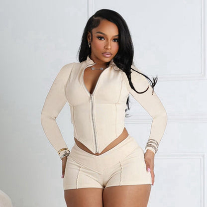 Women's Sexy Lapel Long Sleeve Shorts Suit