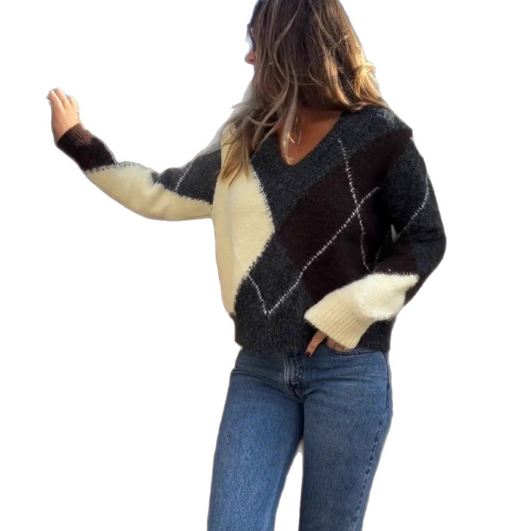 Women's All-match Plaid Printing Color Contrast Casual V-neck Long-sleeved Sweater