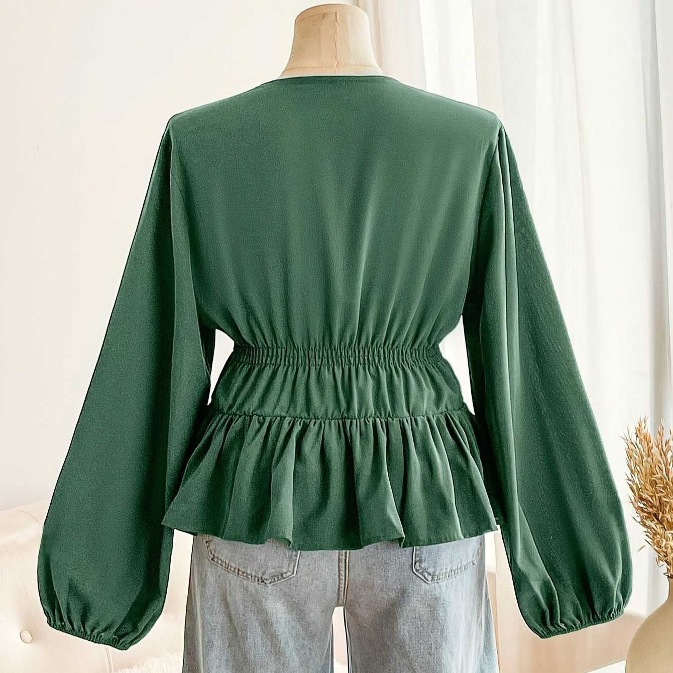 New V-neck Short Green Coat Bow Top