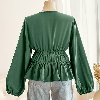 New V-neck Short Green Coat Bow Top