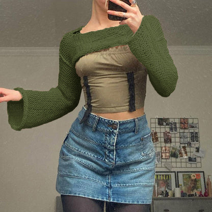 Knitwear Bell Sleeve Loose Round Neck Hollow Out Sweater