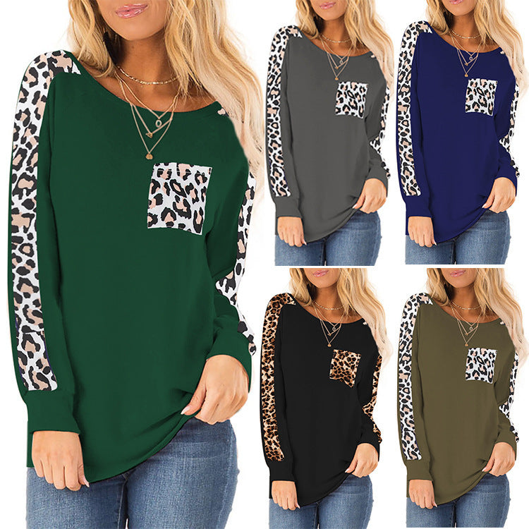 Long Sleeve Leopard Splicing Top Pocket Round Neck Pullover