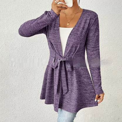 Solid Color Long Sleeve Lace Up Casual Loose Cardigan Top Women's Coat