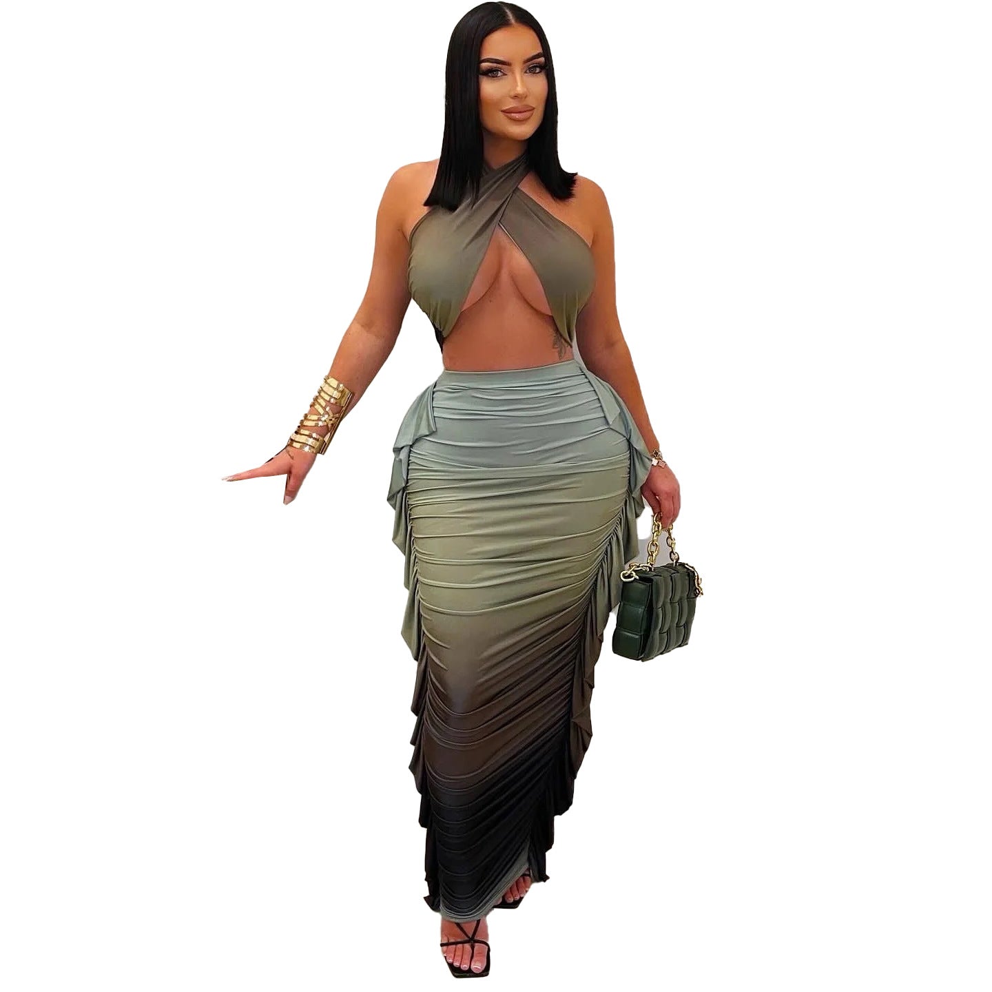 Women's Fashion Gradient Printing Navel Pleated Two-piece Suit