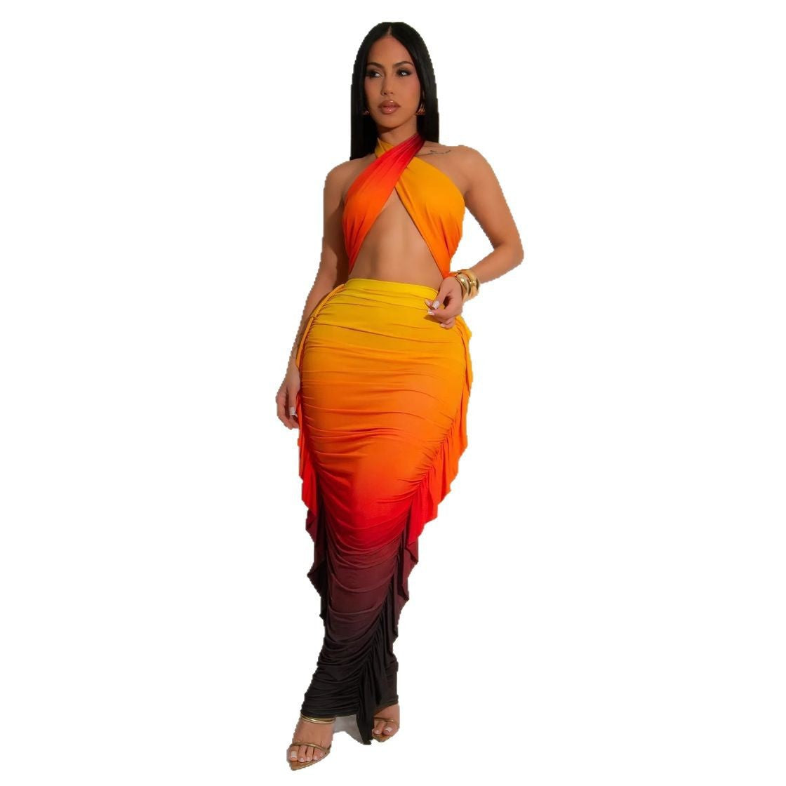 Women's Fashion Gradient Printing Navel Pleated Two-piece Suit