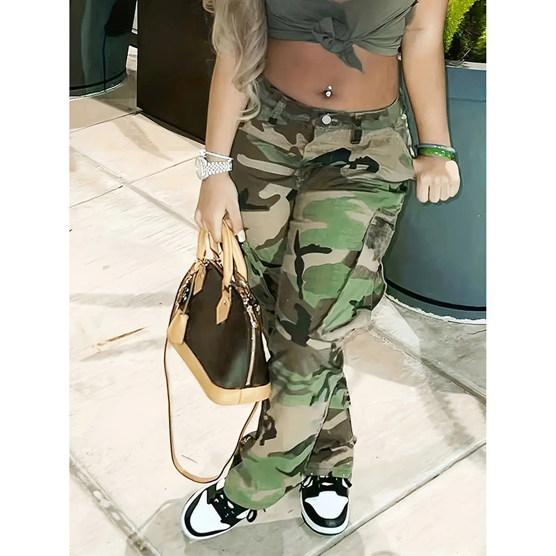 Plus Size Camouflage Jeans High Waist Multi-pocket Straight-leg Pants