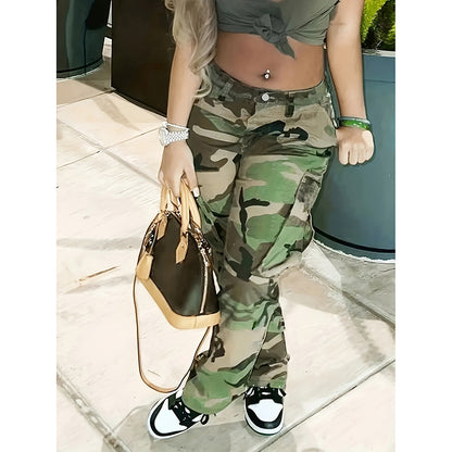 Plus Size Camouflage Jeans High Waist Multi-pocket Straight-leg Pants