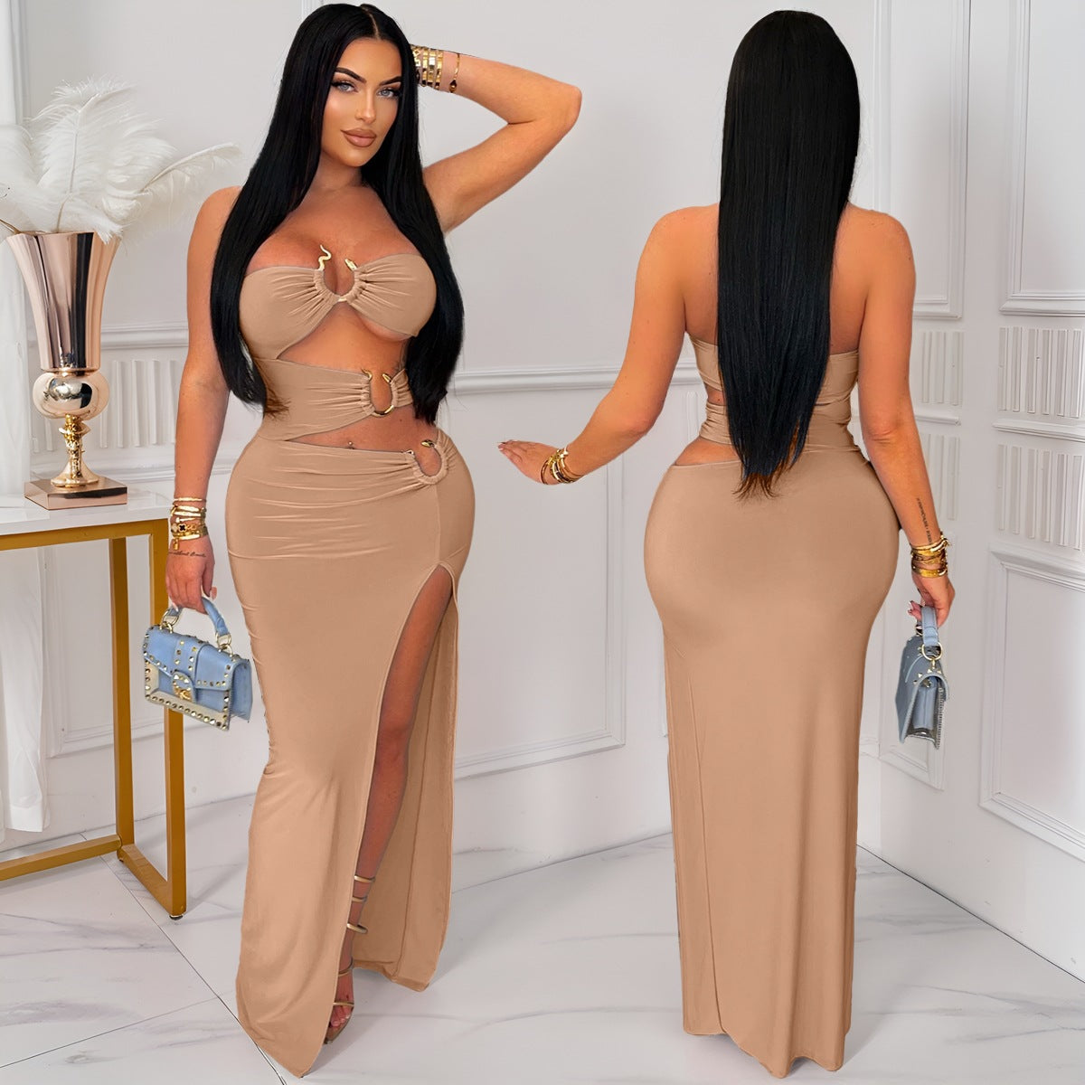 Women's Solid Color Hollow-out Eyelet Stitching High Slit Hip Dress