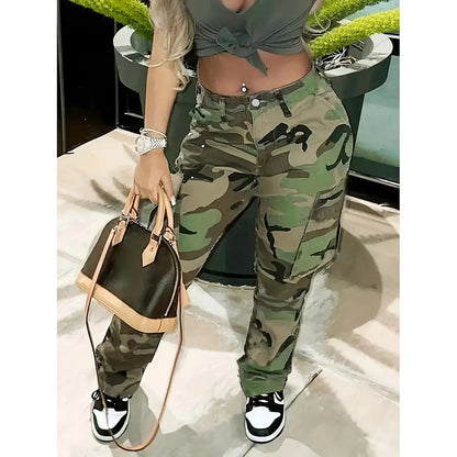 Plus Size Camouflage Jeans High Waist Multi-pocket Straight-leg Pants