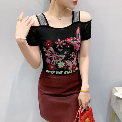 Summer New Exquisite Rhinestone Double Layer Ice Silk Net Yarn Short Sleeve