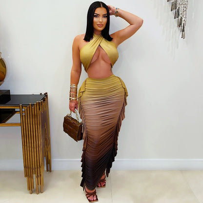 Women's Fashion Gradient Printing Navel Pleated Two-piece Suit