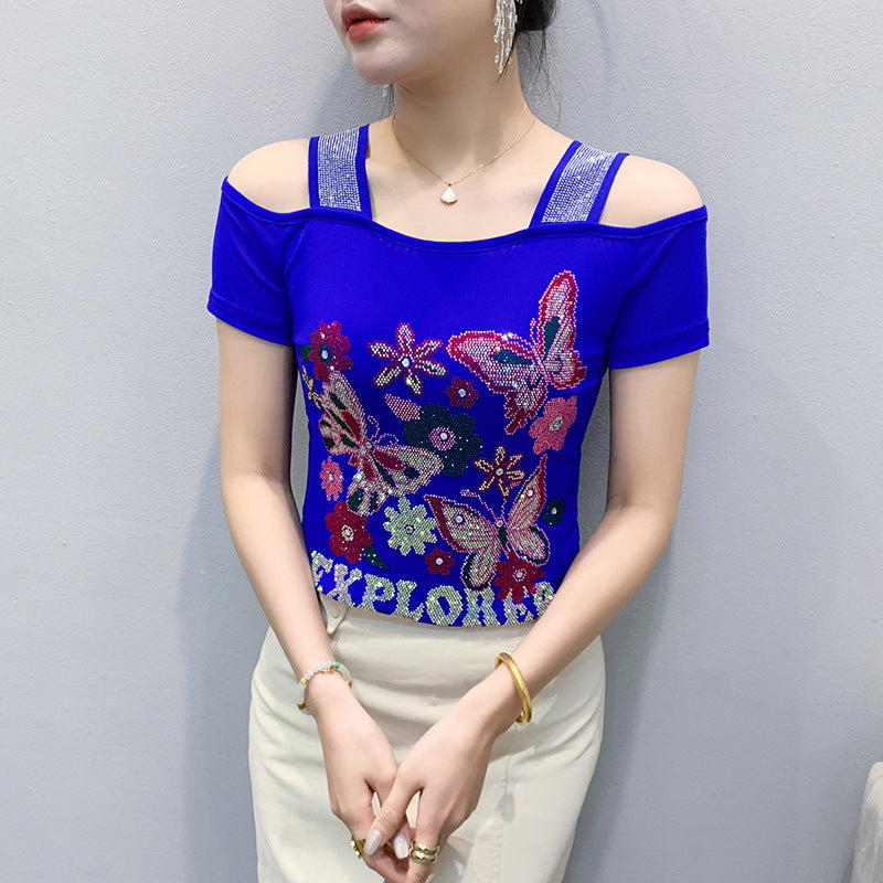 Summer New Exquisite Rhinestone Double Layer Ice Silk Net Yarn Short Sleeve