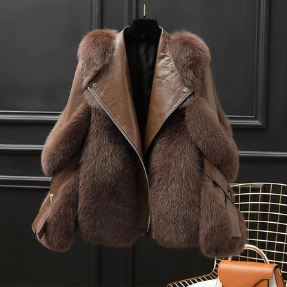 One-piece Fur Motorcycle Coat Long Wool Coat
