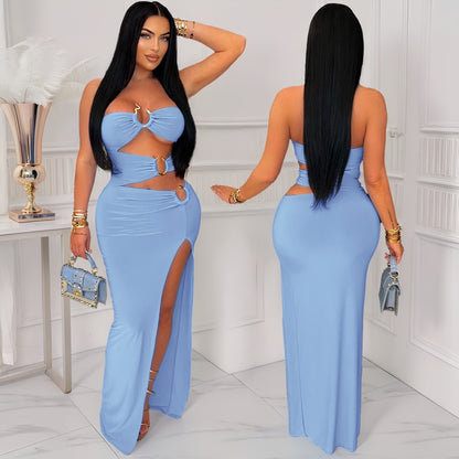 Women's Solid Color Hollow-out Eyelet Stitching High Slit Hip Dress