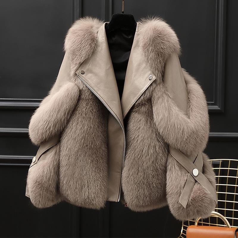 One-piece Fur Motorcycle Coat Long Wool Coat