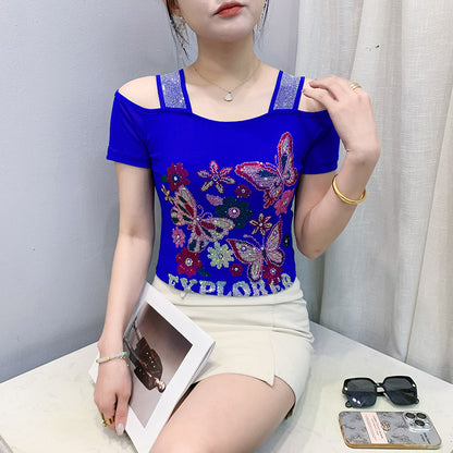 Summer New Exquisite Rhinestone Double Layer Ice Silk Net Yarn Short Sleeve