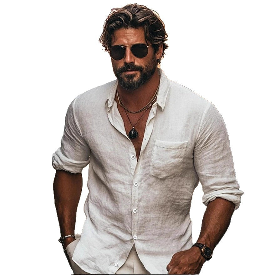 Men's Shirt Lapel Breathable Casual Long Sleeve Chinese Pocket