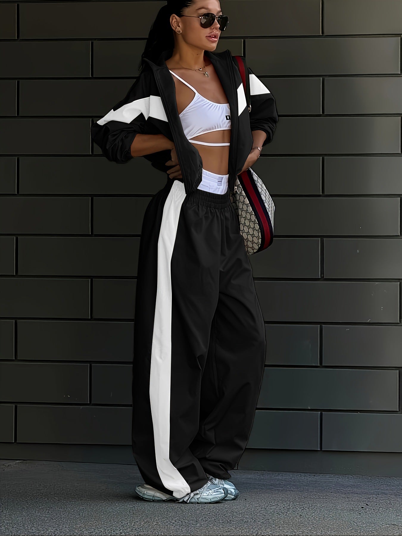 New Elastic Mid-waist Trousers Plus Contrast Color Casual Top Fashion Women's Wear Summer Suit