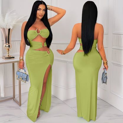 Women's Solid Color Hollow-out Eyelet Stitching High Slit Hip Dress
