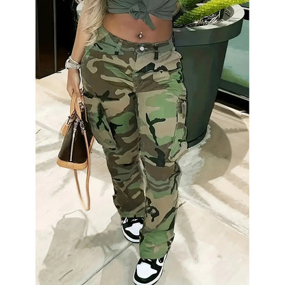 Plus Size Camouflage Jeans High Waist Multi-pocket Straight-leg Pants