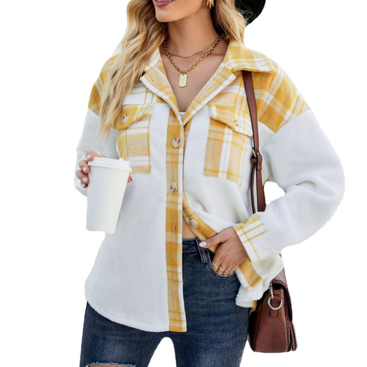 Lamb Wool Long Sleeve Stitching Contrast Color Pocket Woolen Coat For Women