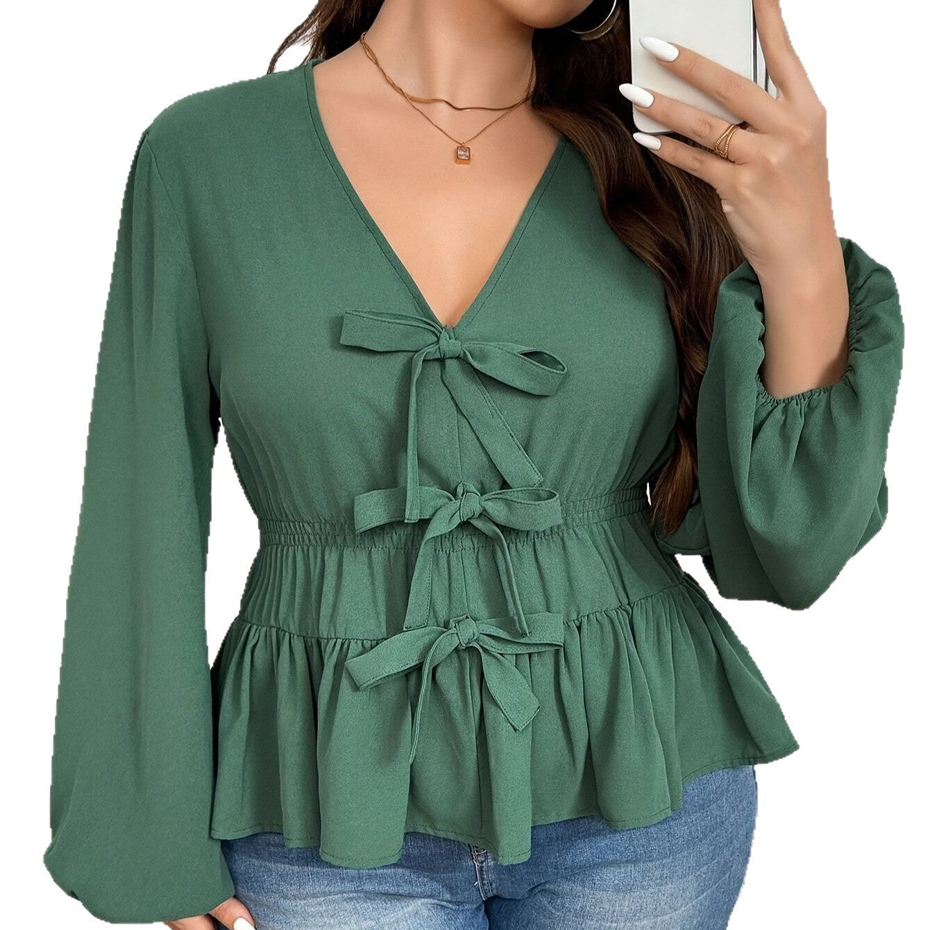 New V-neck Short Green Coat Bow Top
