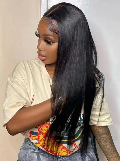 Black Medium Long Straight Hair Chemical Fiber T-shaped Front Lace Wig