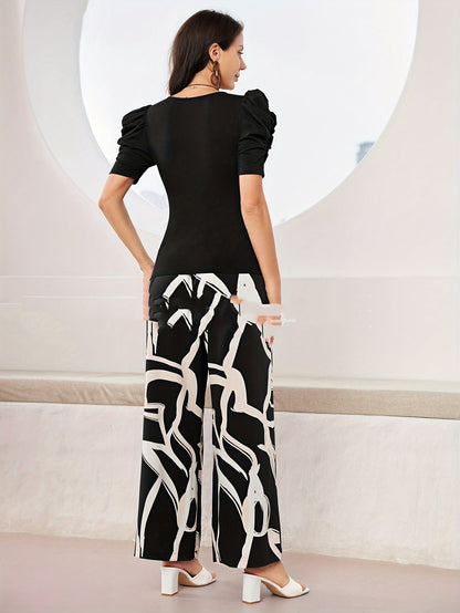 Fashion Jacquard Short-sleeved Top Printed Casual Wide-leg Pants Two-piece Set