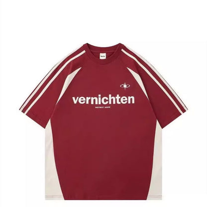 Cotton American Retro Patchwork Motorcycle Clothing Short Sleeve T-shirt