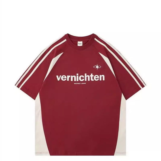 Cotton American Retro Patchwork Motorcycle Clothing Short Sleeve T-shirt