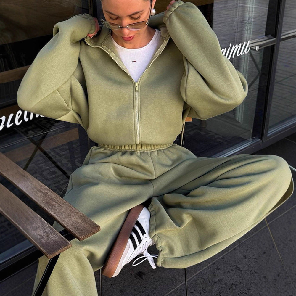 Women's Casual Solid Color Long-sleeved Zipper Sweater Wide-leg Pants Sports Suit