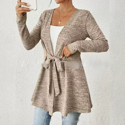 Solid Color Long Sleeve Lace Up Casual Loose Cardigan Top Women's Coat