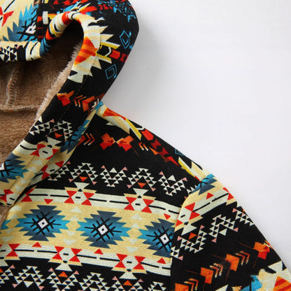 Printed Hooded Warm Plush Long Sleeve Coat