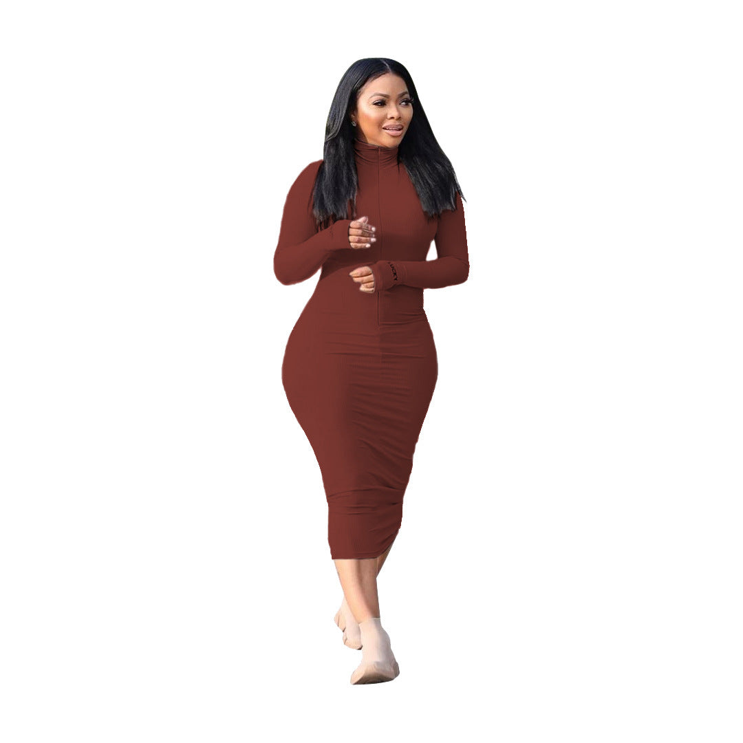 Casual Fashion Sunken Stripe Solid Color Letter Embroidery Long Sleeve Dress