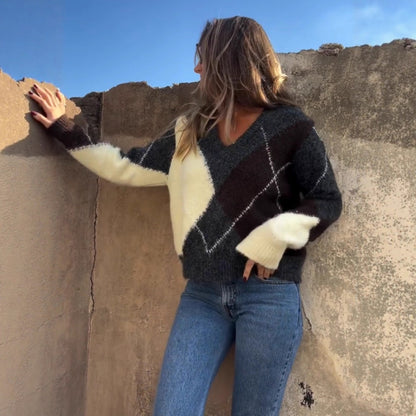 Women's All-match Plaid Printing Color Contrast Casual V-neck Long-sleeved Sweater