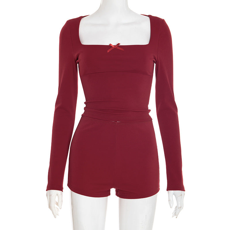 New Square Collar Bow Long Sleeve Top Tight Shorts Suit Women