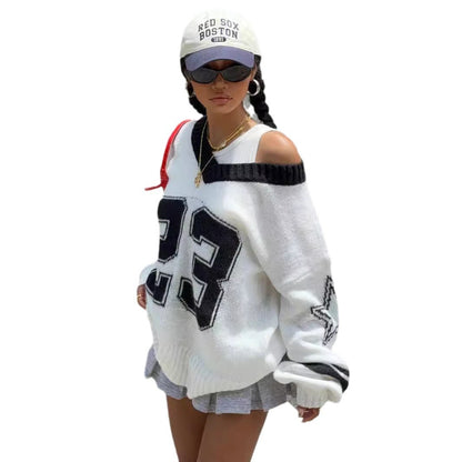 Contrast Color Digital Jacquard Loose-fitting V-neck Long Sleeves Sweater